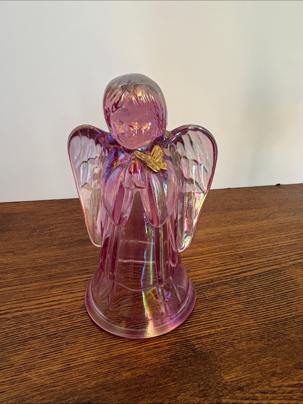 Fenton Iridescent Pink Glass Angel with Gold Butterfly Accent